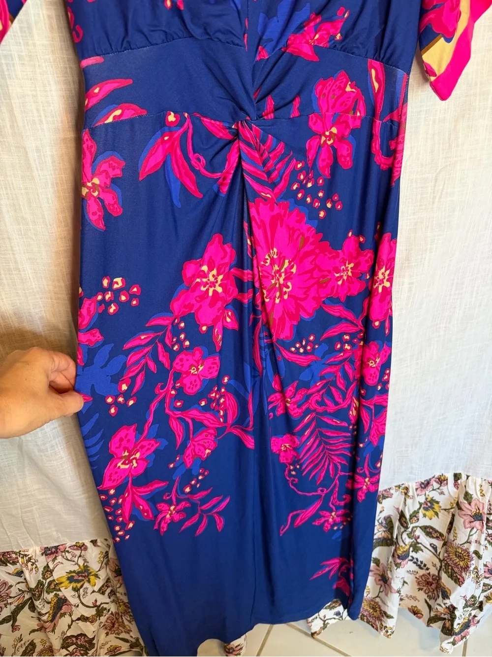 Lilly Pulitzer Blue Maxi Dress with Bright Pink Floral Print